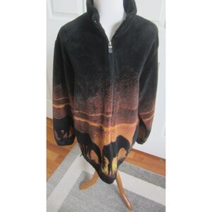 STUNNING ART UNLIMITED  BLACK FLEECE COAT WITH HORSES GRAZING AT SUNSET  LARGE